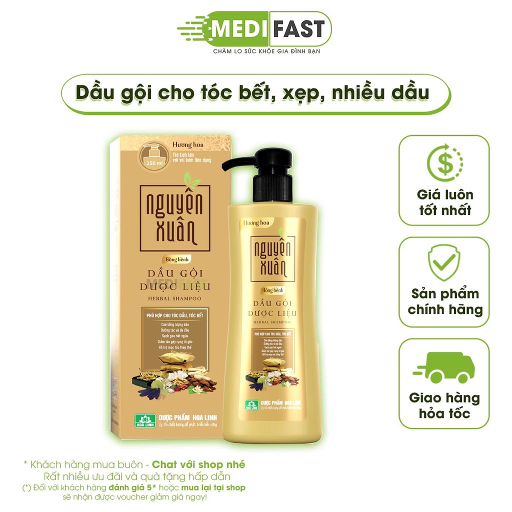 Dầu gội dược liệu Nguyên Xuân Vàng Bồng Bềnh - chai 250ml - Dành cho người tóc dầu, tóc bết - Chai có vòi tiện dụng