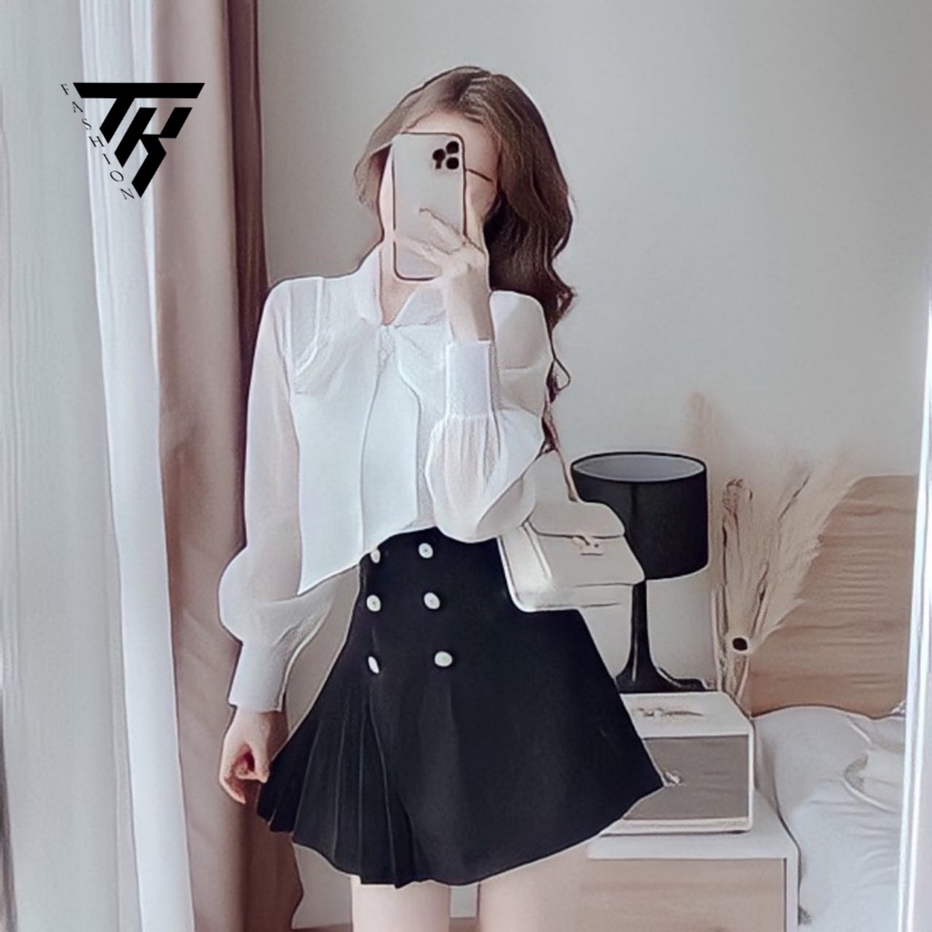 Áo sơ mi công sở nữ cực xinh TK FASHION, Áo sơ mi cổ nơ 2 lớp chất vải voan mềm mại mặc tôn dáng điệu đà mã 530