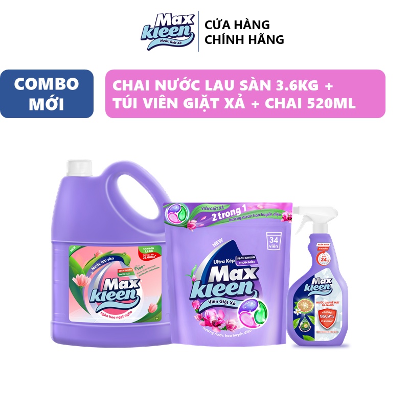 Combo MaxKleen: Chai Lau Sàn 3.6kg Ngàn Hoa Ngọt Ngào + Túi Viên Giặt Xả Mới + Nước Lau Bề Mặt Đa Năng