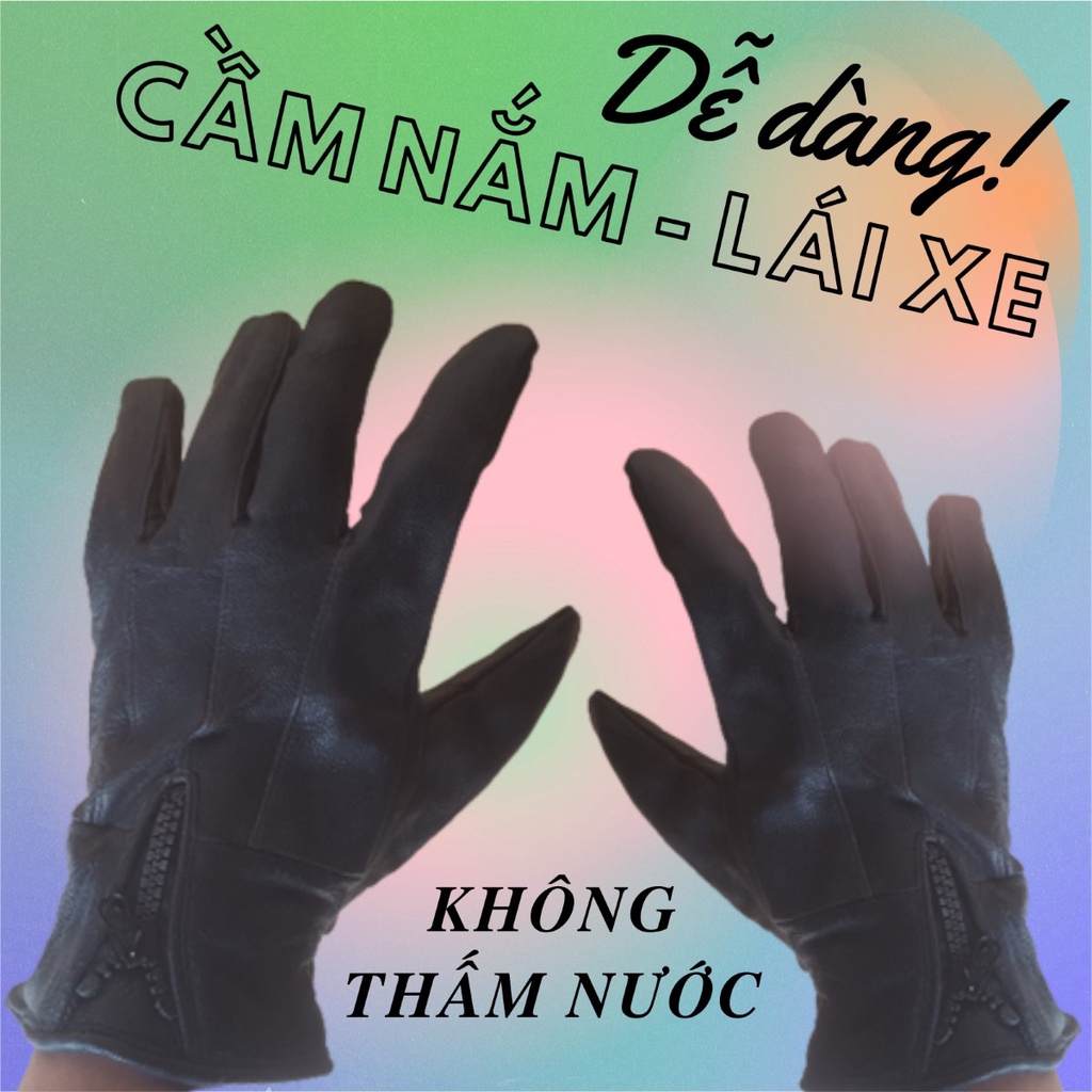 Găng Tay Da Dê Kéo Khóa Nam Màu Đen Đi Mưa Thoải Mái, Dễ Lái Xe - Không Bong, Không Nổ - Bảo Hành Da Thật 3 Năm