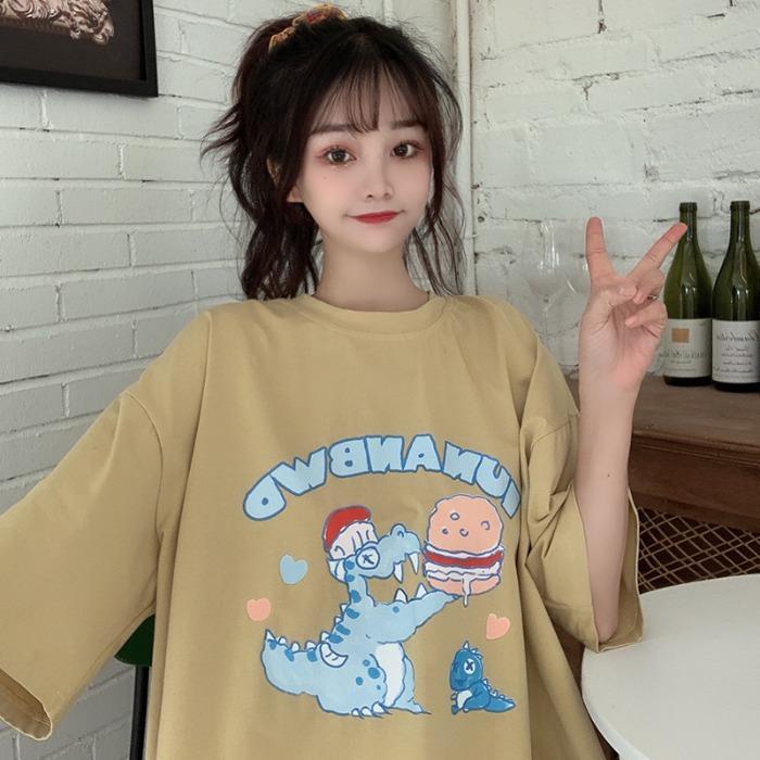 100% cotton 2021 new summer short sleeve women's T-shirt loose Korean versatile little dinosaur printed clothes