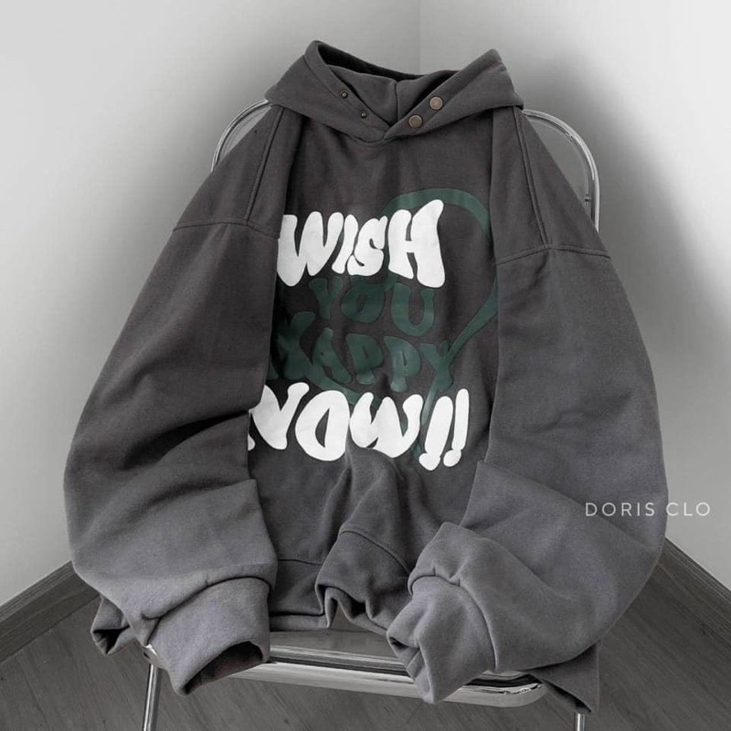 Áo khoác hoodie unisex form rộng nón 2 lớp WISH NOW, vải nỉ ngoại dày dặn &lt;65kg