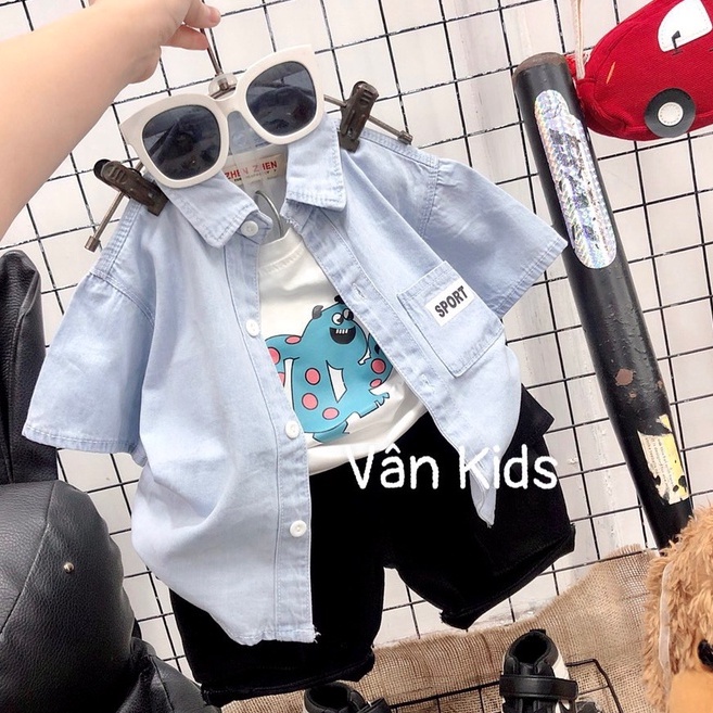 BOT10 - Bộ bé trai, bộ bò cộc tay 3 chi tiết + Áo bò + Quần bò + Áo thun cotton cho bé từ 10-21kg, Richkid123