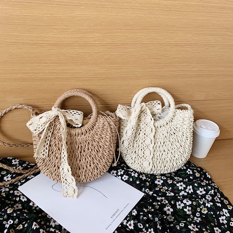 Túi cói đi biển bán nguyệt xách tay Vintage nhỏ