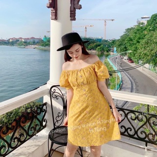 Váy thô hoa nhí tay bồng, trễ vai
