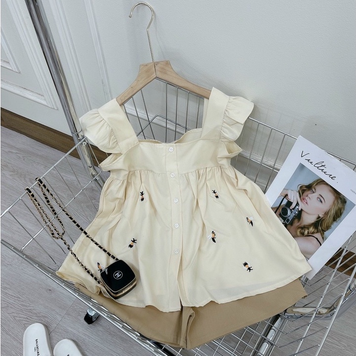 Set đồ nữ,bộ đồ mặc nhà tay cánh tiên thêu hình ong chất đũi lụa mặc nhẹ thoáng mát thấm hút mồ hôi