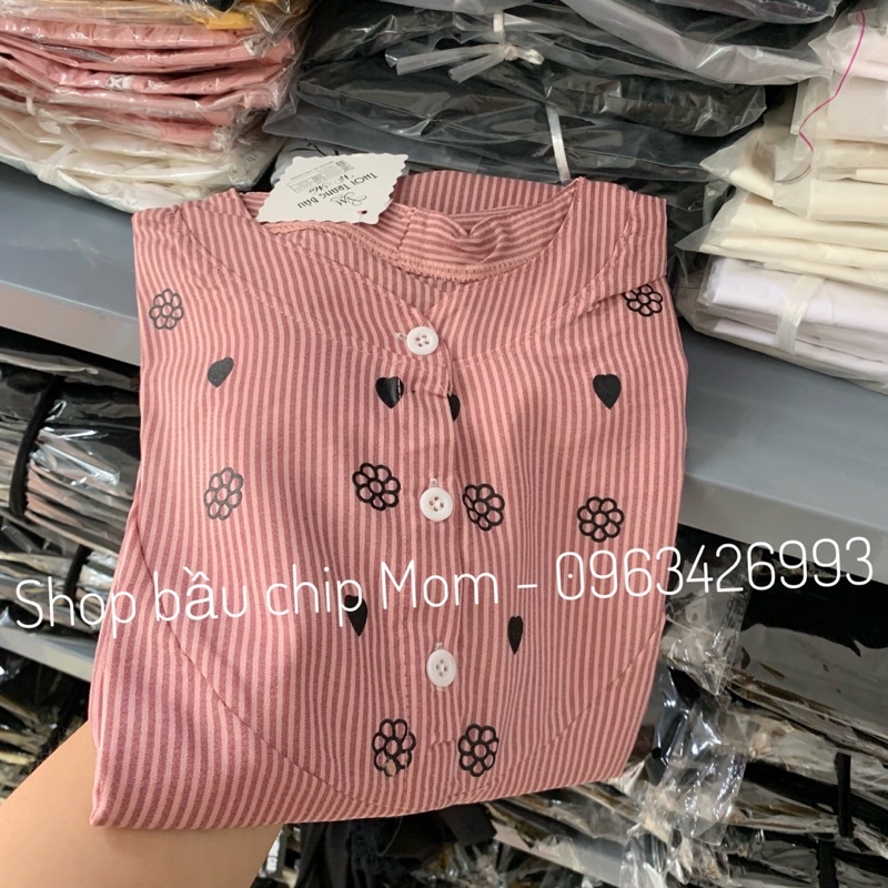 Áo Bầu sơmi kẻ công sở dài tay MA107, chất mềm đẹp dáng babydoll mẹ mặc xinh trẻ trung