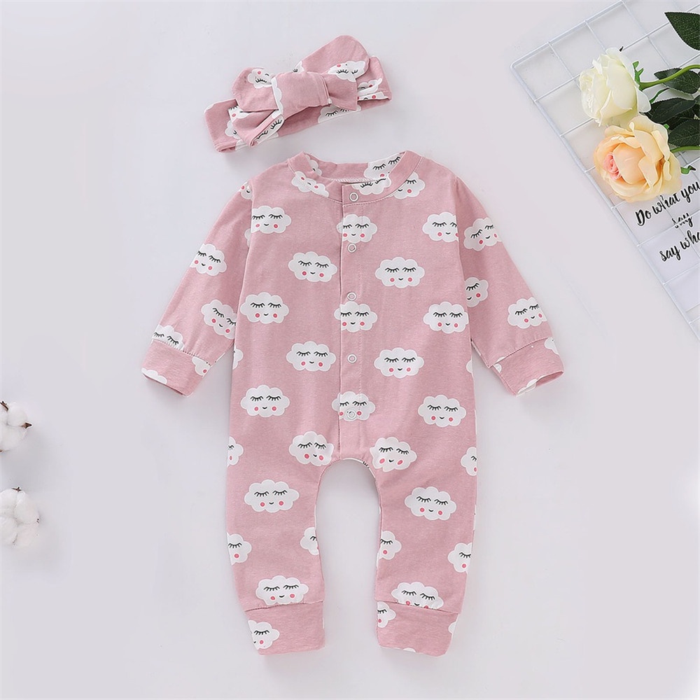 Mikrdoo Newborn Baby Boy Girl Bodysuit Long Sleeve Cloud Print Cotton Romper + Headband 2PCS Clothing