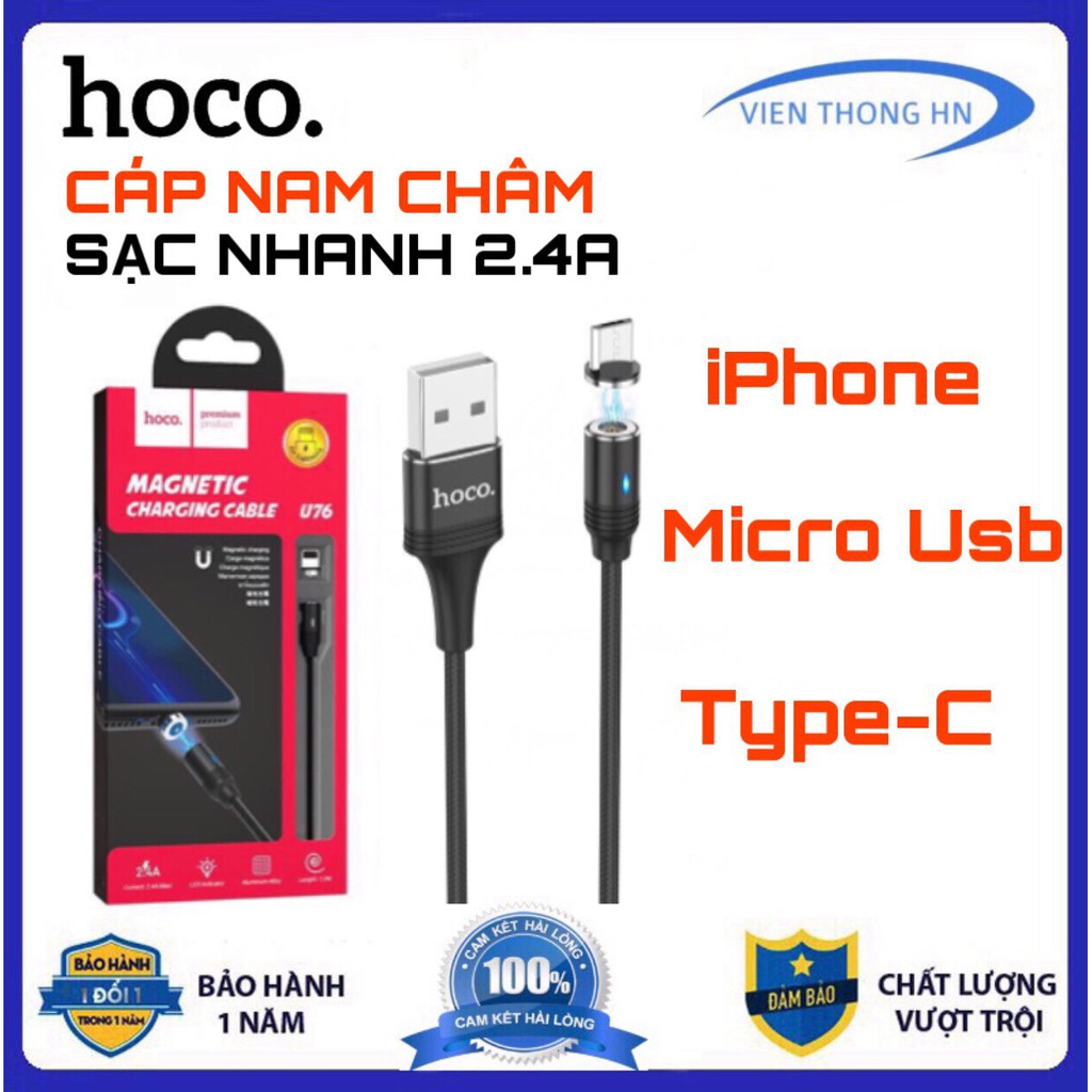 Dây sạc nhanh 2.4a nam châm hoco u76 - cáp sạc từ tính iphone micro usb type c