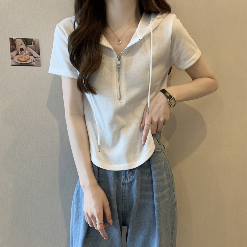 Áo Thun Tay Ngắn Có Mũ Trùm Đầu Màu Sắc Đơn Giản Dành Cho Nữ