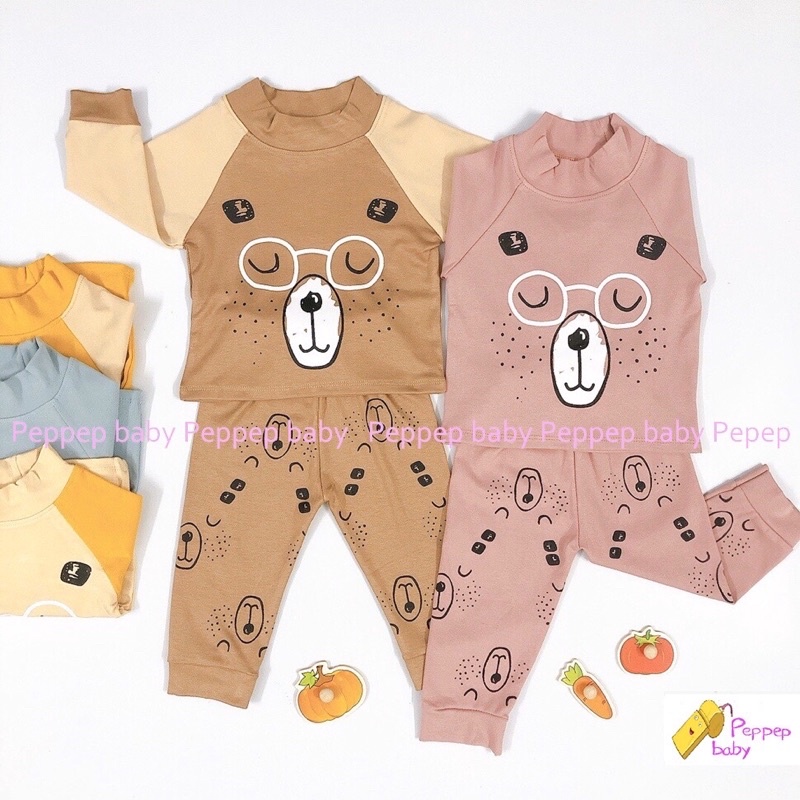 Đồ bộ dài tay bé trai bé gái chất cotton Hàn ấm cao cổ in hình bạn gấu ngủ gật cực đáng yêu MÃ BZH01