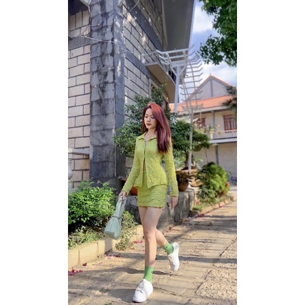 SET CHÂN VÁY ÁO SOMI MÀU BƠ ELVES