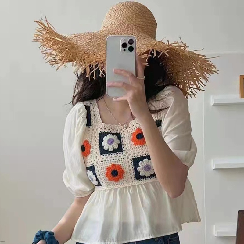 Brroa Áo Kiểu Tay Phồng Ngắn Cổ Vuông In Họa Tiết Hoa Phối Bèo Thời Trang Cho Nữ