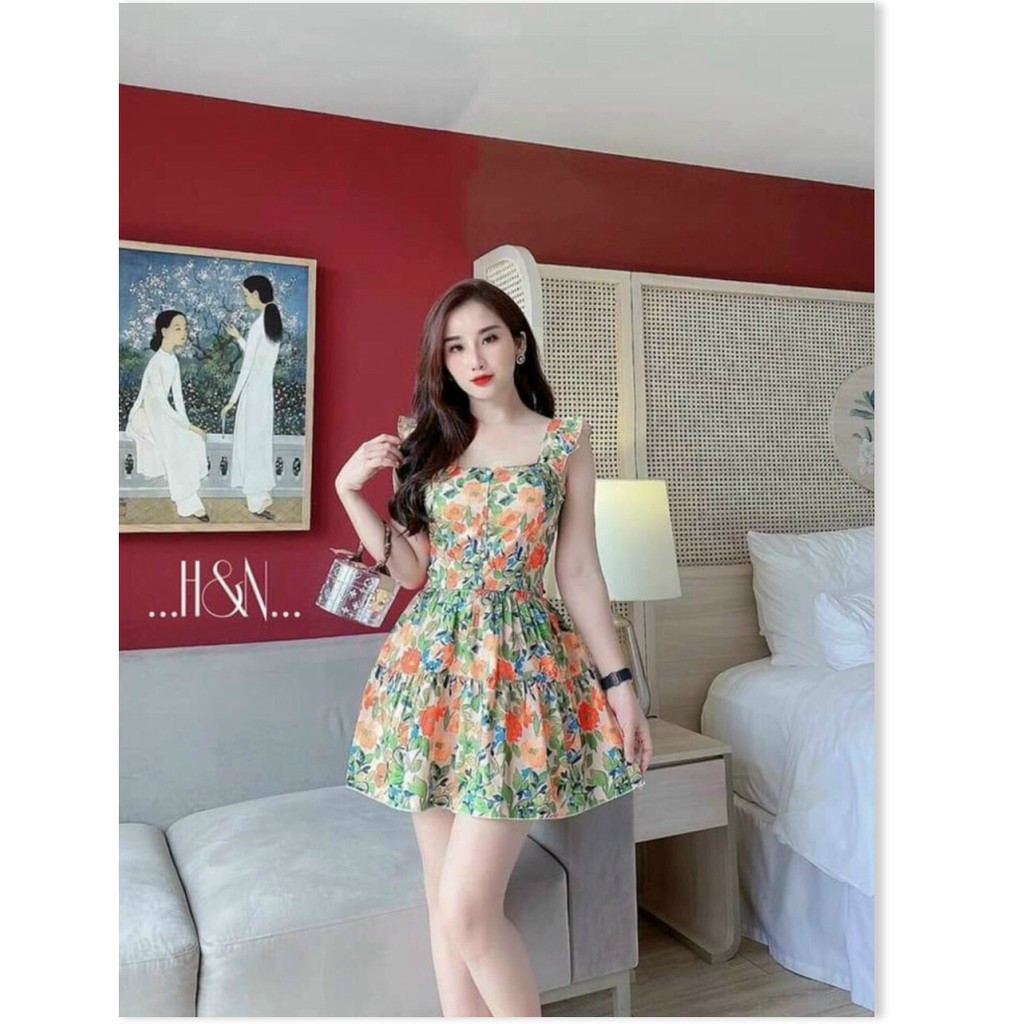 sét áo hoa cài nút thật &amp; chân vấy có lót trong phối màu bắt mắt thoáng mát thoải mái hiện đại hot