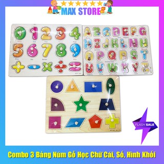 Combo 3 bảng núm gỗ học chữ cái, chữ số và hình khối
