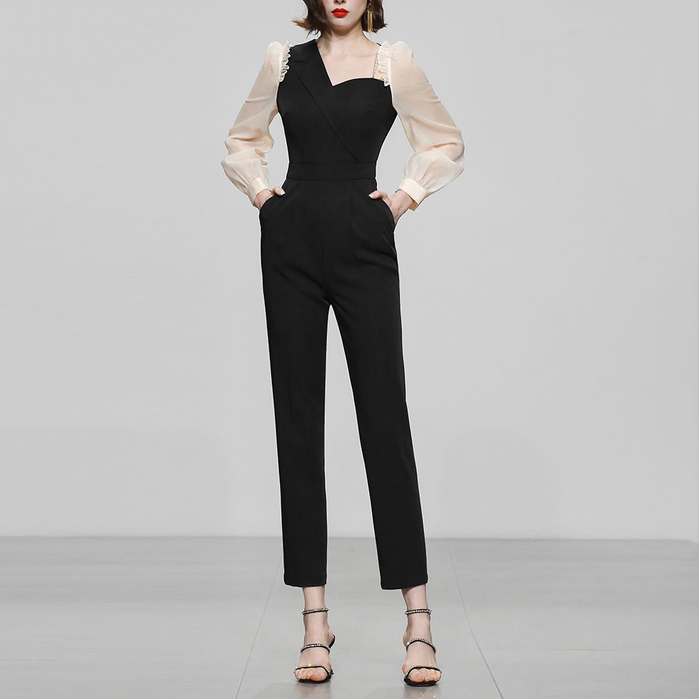 Jumpsuit đen Jumpsuit voan Jumpsuit hở lưng Jumpsuit dành cho phụ nữ Mùa xuân Quần áo của phụ nữ 2022 Thời trang mới Tính khí tương phản Màu sắc Jumpsuit Jumpsuit Đồ liền quần chín điểm