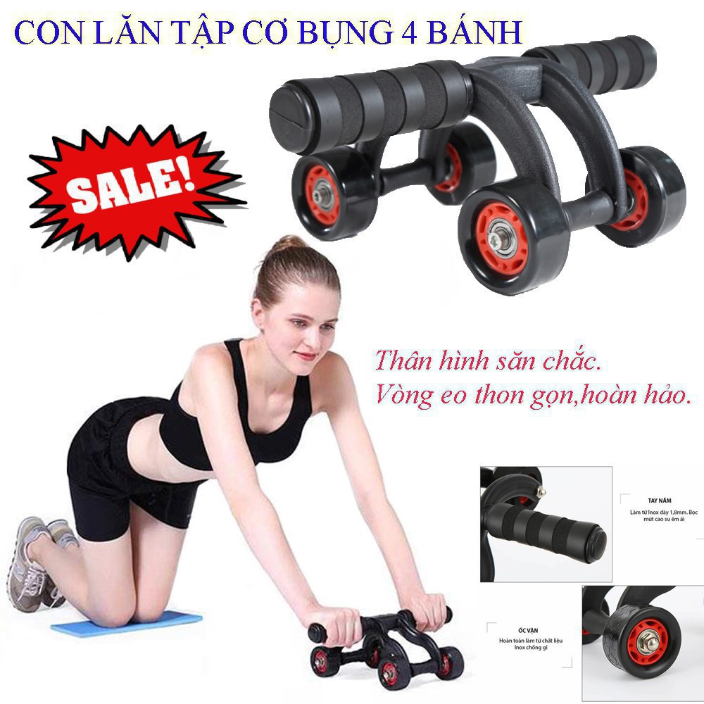 Con lăn tập bụng 4 bánh tăng cơ giảm mỡ bụng đa năng - Tặng kèm thảm