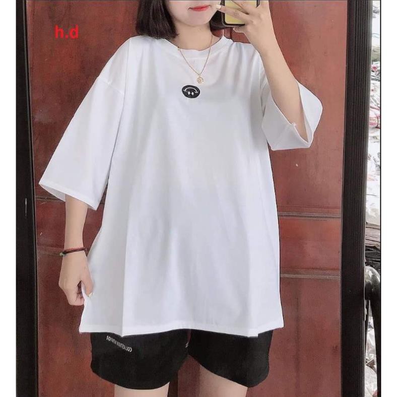sét áo thun ngắn tay mặt cười chất cotton + quần đùi chữ đen ống rộng, sét đồ bộ nam nữ unisex freesize thể thao giá rẻ