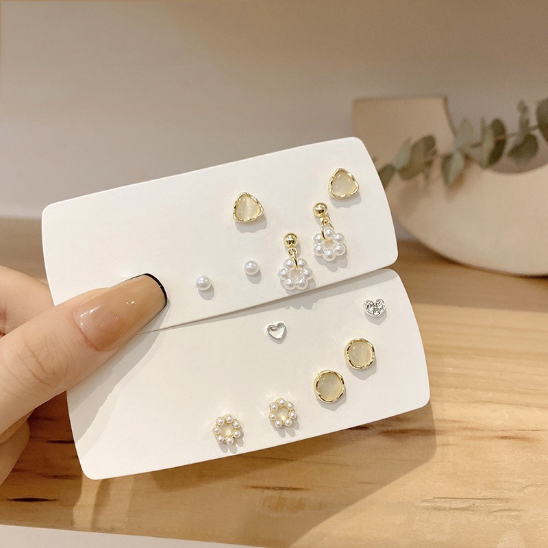 Set 6 Khuyên Tai Bạc 925 Đính Ngọc Trai Đơn Giản Nữ