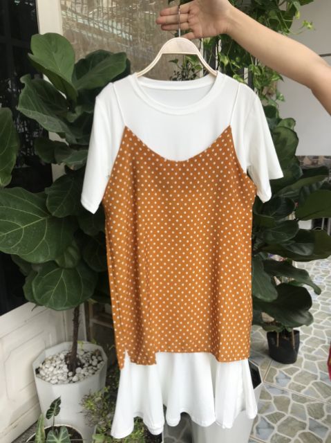 [CÓ SẴN] Đầm thun suông ngắn tay phối váy voan hai dây chấm bi cá tính Hàn Quốc ulzzang | BigBuy360 - bigbuy360.vn