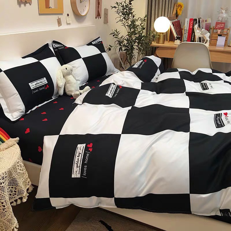 BỘ CHĂN GA VÀ VỎ GỐI POLY COTTON Tim Caro Đen Trắng - Bộ Chăn Ga Gối 5 Món Cao Cấp