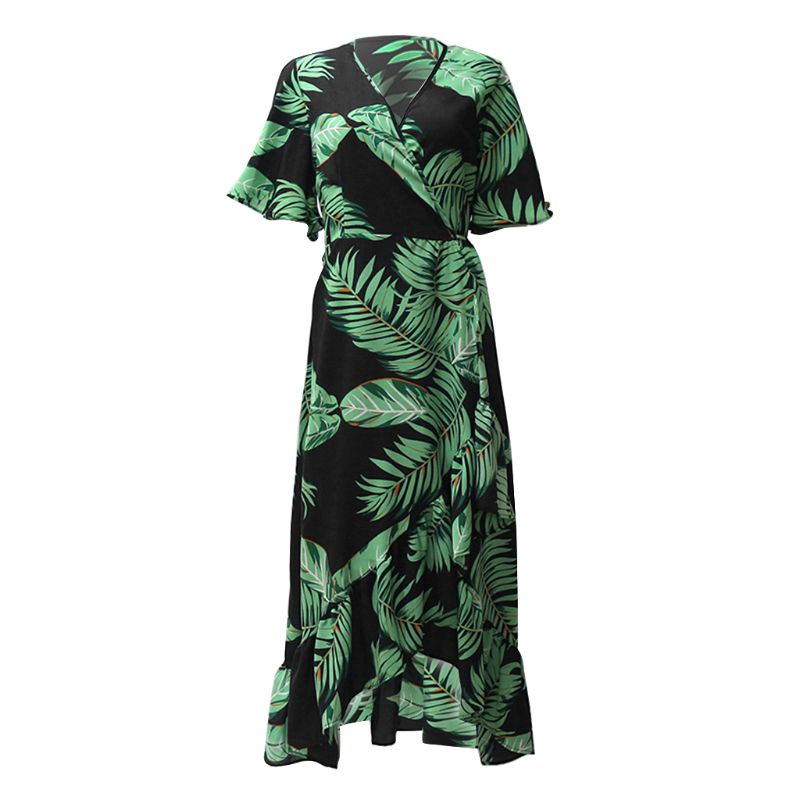 Xiangbao Đầm Midi Chiffon Tay Lỡ In Họa Tiết Lá Nhiệt Đới Mùa Hè Cho Nữ