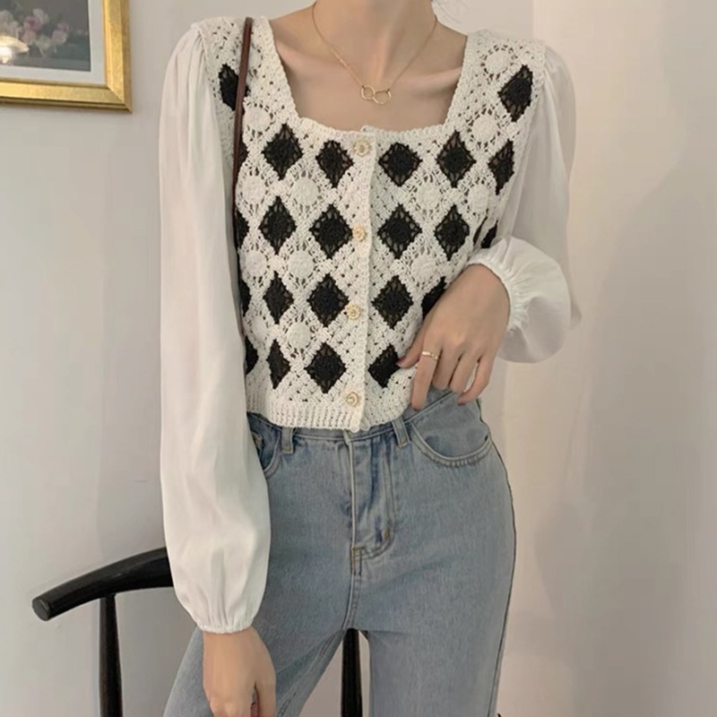 Áo Khoác Cardigan Chiffon Tay Dài Phồng Cổ Vuông Phối Ren Hoa Phong Cách Pháp Cổ Điển Thời Trang Cho Nữ
