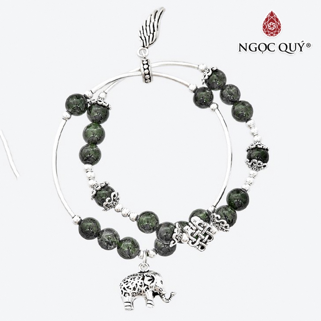 Vòng tay 2 line TA tóc xanh phối charm voi bạc 6mm - Ngọc Quý