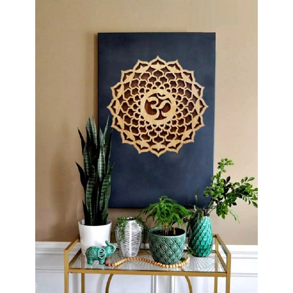 Tranh Gỗ Decor Hoa Mandala Chữ Om Treo Tường Phòng Thiền , Yoga 60cm