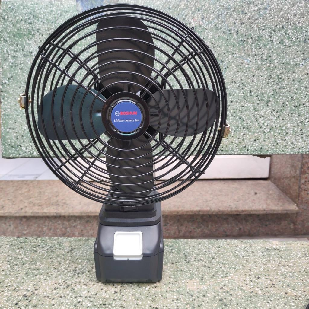 Quạt tích điện Boshun, chân pin 4cm, có thể dùng pin của makita, hoạt động liên tục lên đến 8h