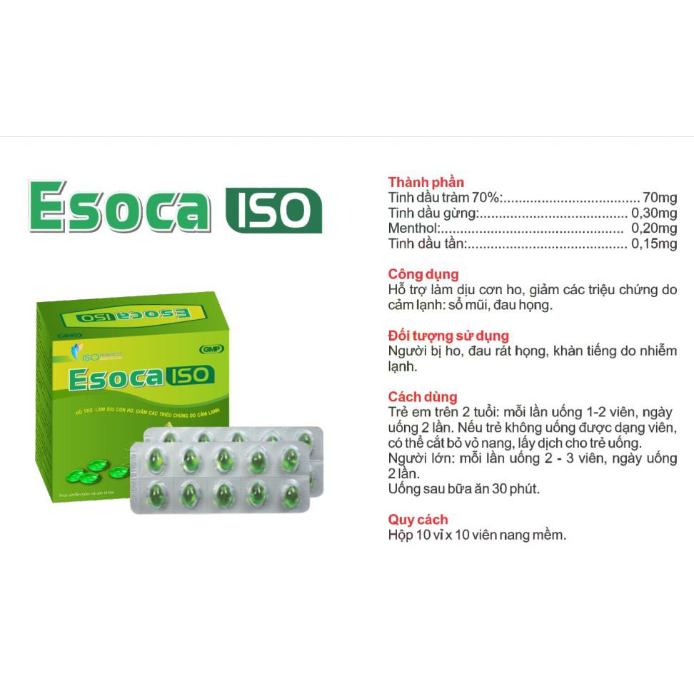 Viên uống hỗ trợ làm dịu cơn ho, giảm các triệu chứng do cảm lạnh Esoca ISO - hộp 100 viên nang mềm