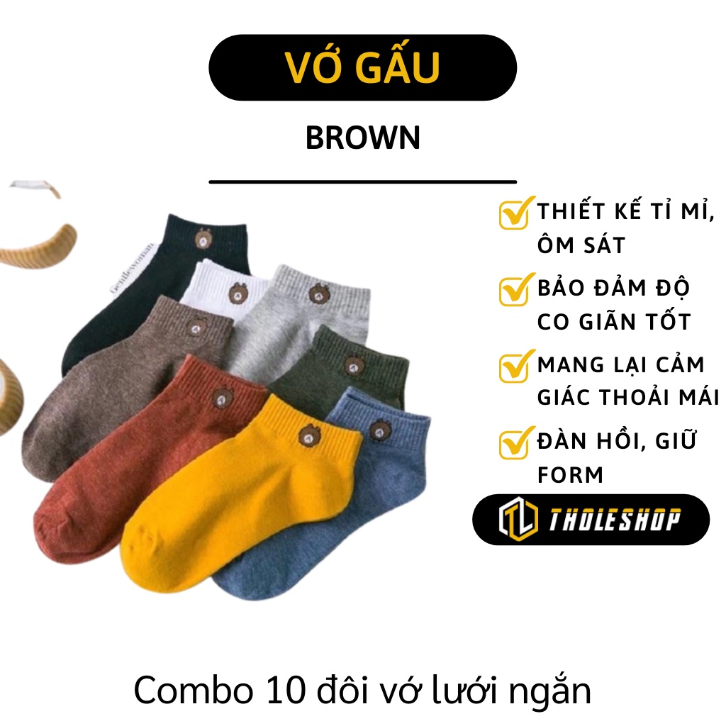 Tất Gấu - Combo 10 Đôi Vớ Nữ Cổ gắn Họa Tiết Gấu Brown Kèm Túi Đựng Tiện Lợi 8144