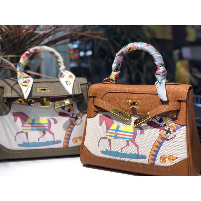 Túi xách nữ da trơn phối hoạ tiết Hermes birkin togo da thật cao cấp