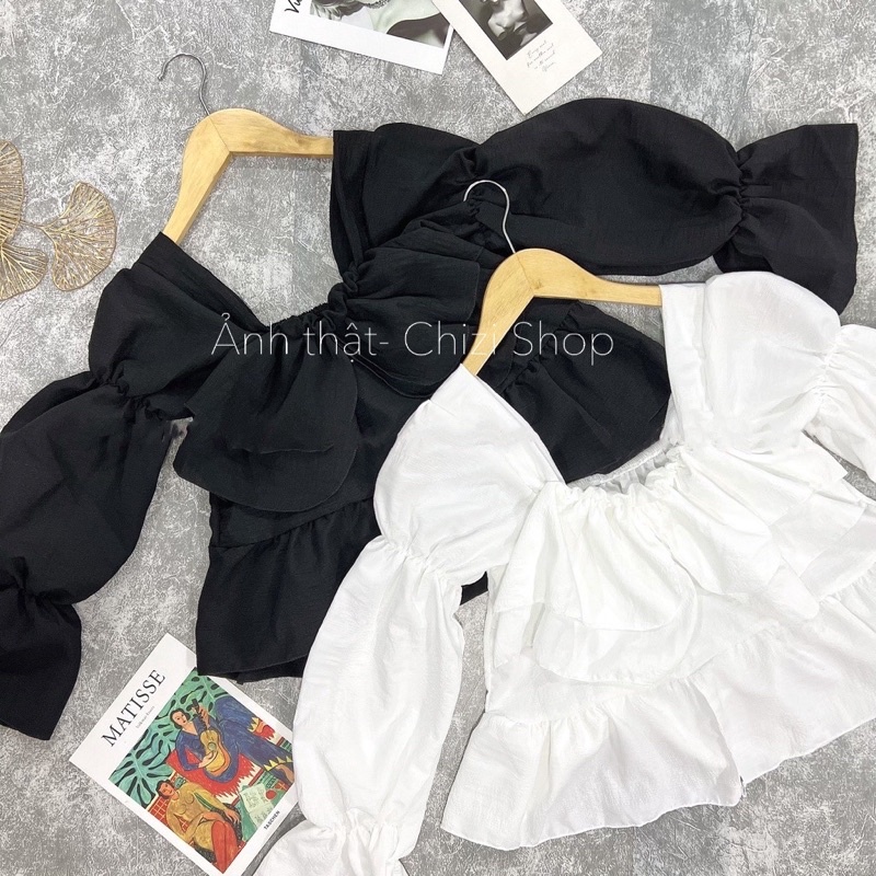 ÁO KIỂU THIẾT KẾ QC NỮ DÁNG NGẮN XỐP TẦNG TAY DÀI NHÚN BÁNH BÈO, Chizi shop