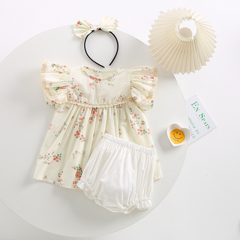 Set Đồ Mùa Hè 2 Món Gồm Áo Tay Ren Phong Cách Hàn Quốc Cho Bé Gái