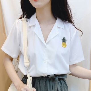 Sơ mi nữ vải lụa cổ vest thêu trái dứa siêu xinh