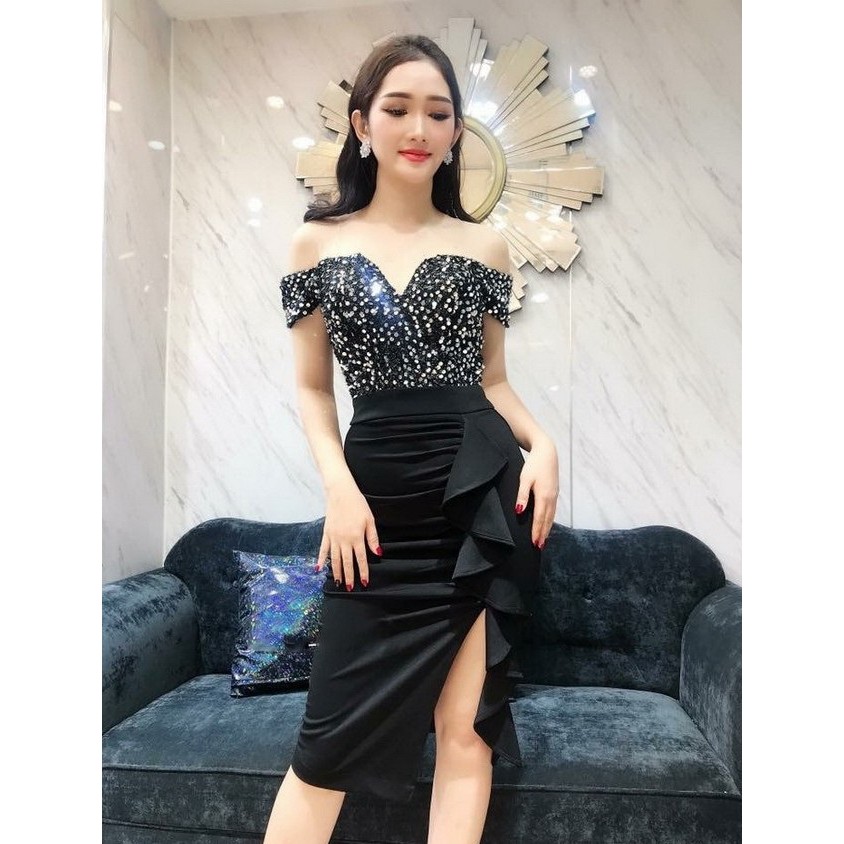 Đầm váy ôm body kim sa trễ vai 2305 (kèm hình thật - có BIG SIZE)