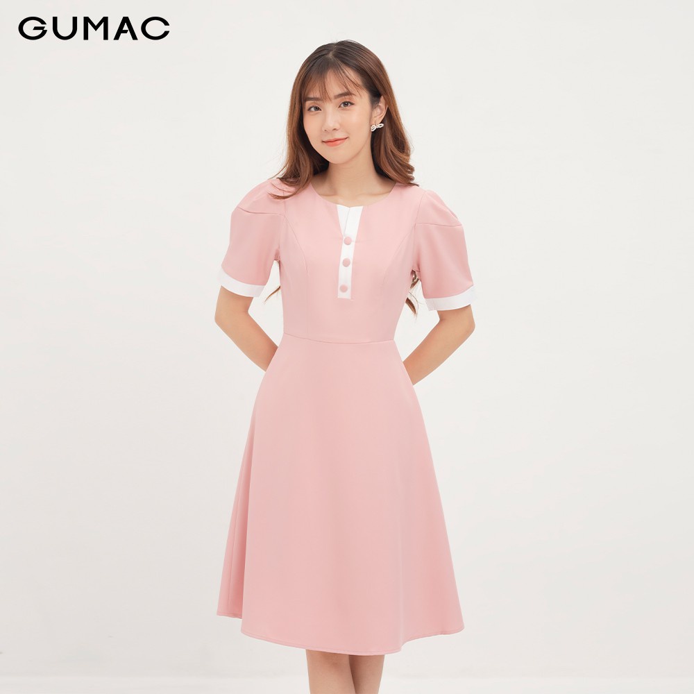 Đầm nữ phối nẹp nút trắng GUMAC DA1258