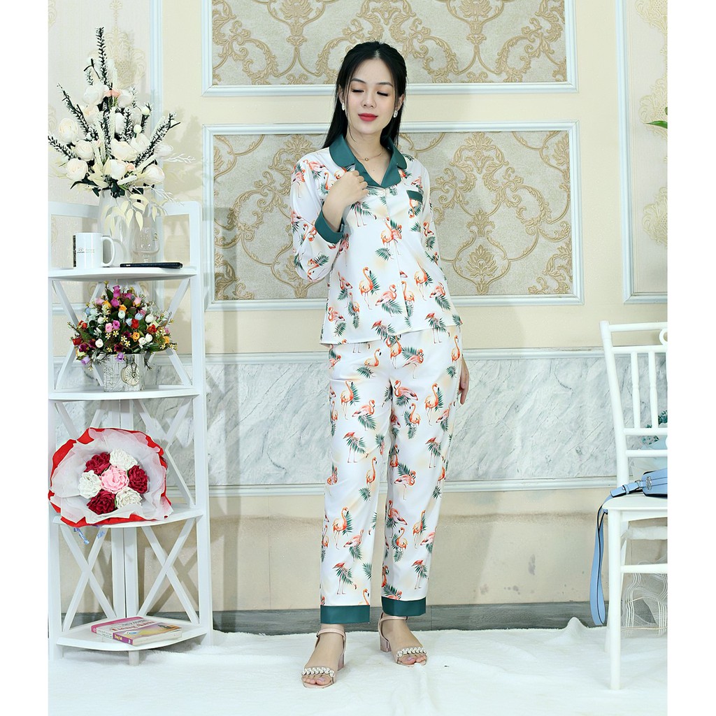 [HÌNH THẬT 100%] Bộ đồ Pijama nữ dài họa tiết NỀN TRẮNG PHA CỔ XANH - vải siêu lụa cao cấp - Cực Kì Sang Chả