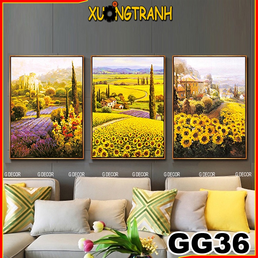 Tranh treo tường canvas 3 bức phong cách Bắc Âu 36 tranh cánh đồng hoa trang trí phòng khách, phòng ngủ, phòng ăn, spa