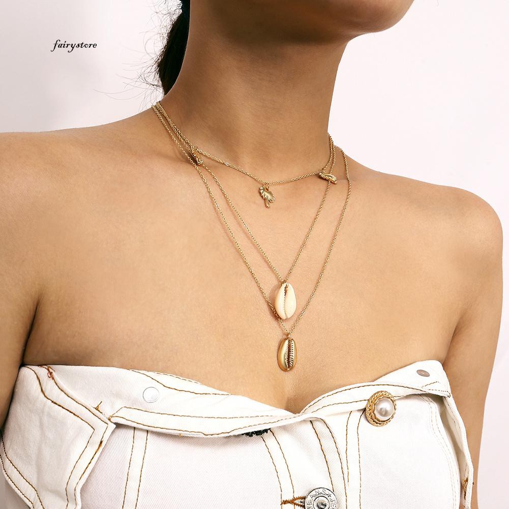 Vòng cổ Nhiều Lớp Phối Mặt Hình Cây Cọ Và Vỏ Sò Thời Trang Xinh Xắn Cho Nữ