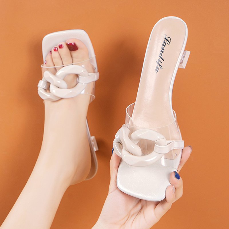 Giày Sandal Mũi Vuông Hở Ngón Quai Xích Đính Đá Pha Lê Phong Cách Hàn Quốc Hàng Mới Dành Cho Bạn Nữ Mang Khi Đi Ra Ngoài