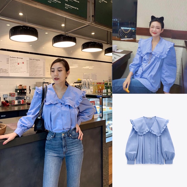 A041 Áo xanh tay bồng Zara xuất xịn công sở, đi chơi