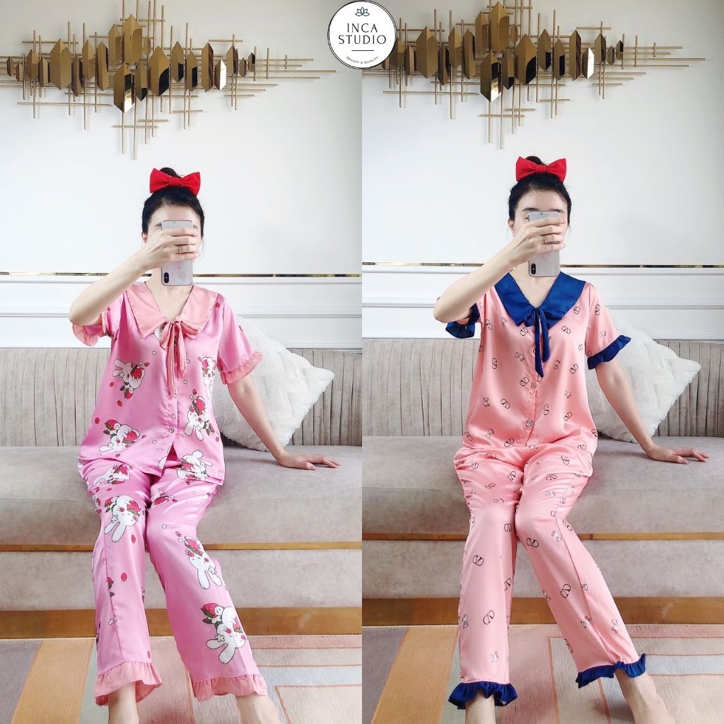 (Xả khoLoại 1-Có Size) Đồ ngủ Pyjama lụa Satin cộc dài họa tiết INCA 14- Chất Lụa thoáng mát, Họa tiết siêu xinh
