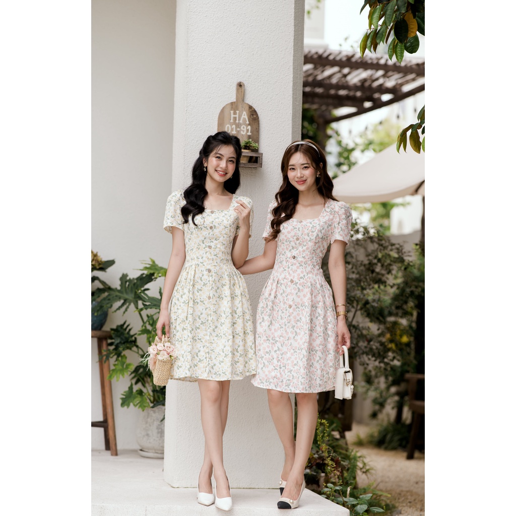 Váy cổ vuông tay bồng đính cúc nhẹ nhàng tiểu thư Chillvas yv08 YAME