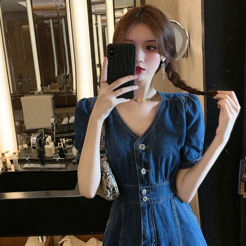 Đầm Denim Dáng Dài Ôm Eo Thời Trang Mùa Hè Dành Cho Nữ