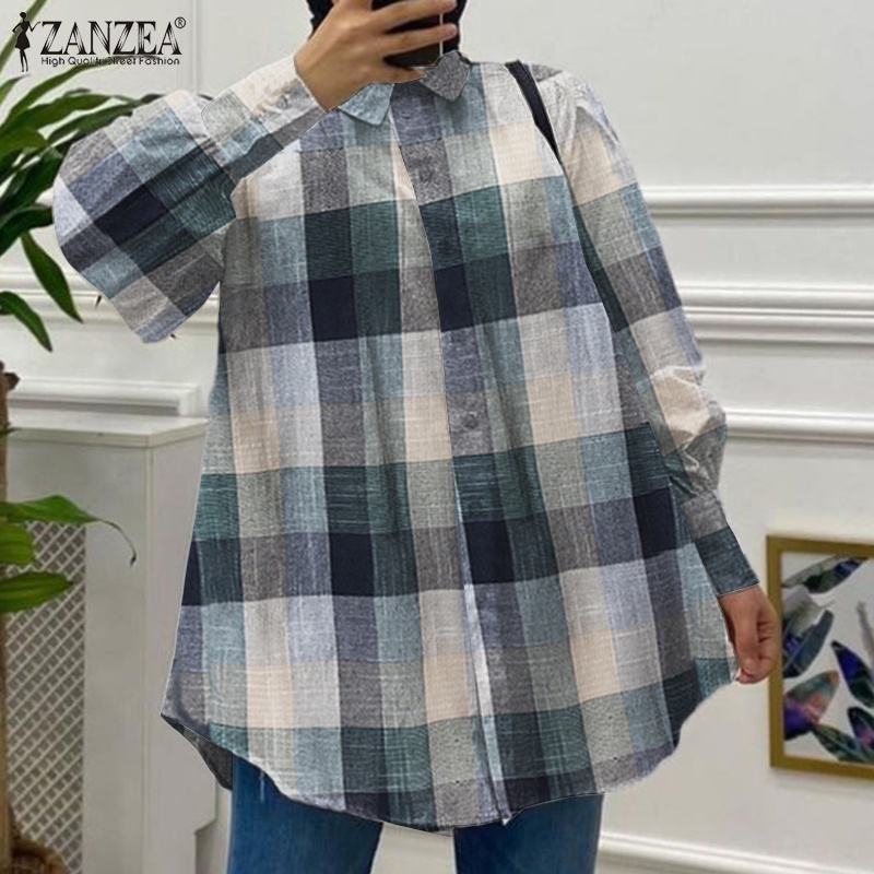 Áo sơ mi ZANZEA tay dài họa tiết sọc ca rô thời trang retro cho nữ