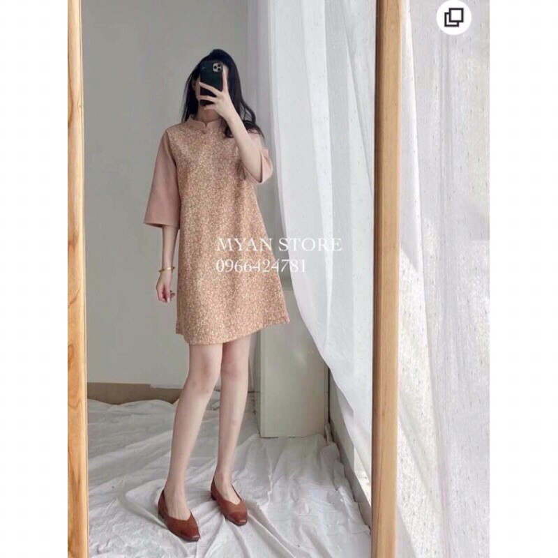 Váy nhung tăm hoa nhí cách tân tay lửng, cổ trong như hình.