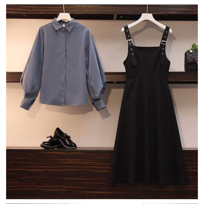 Set Váy Yếm VINTAGE Sơ Mi Tay Bồng Tiểu Thư sét 2 món
