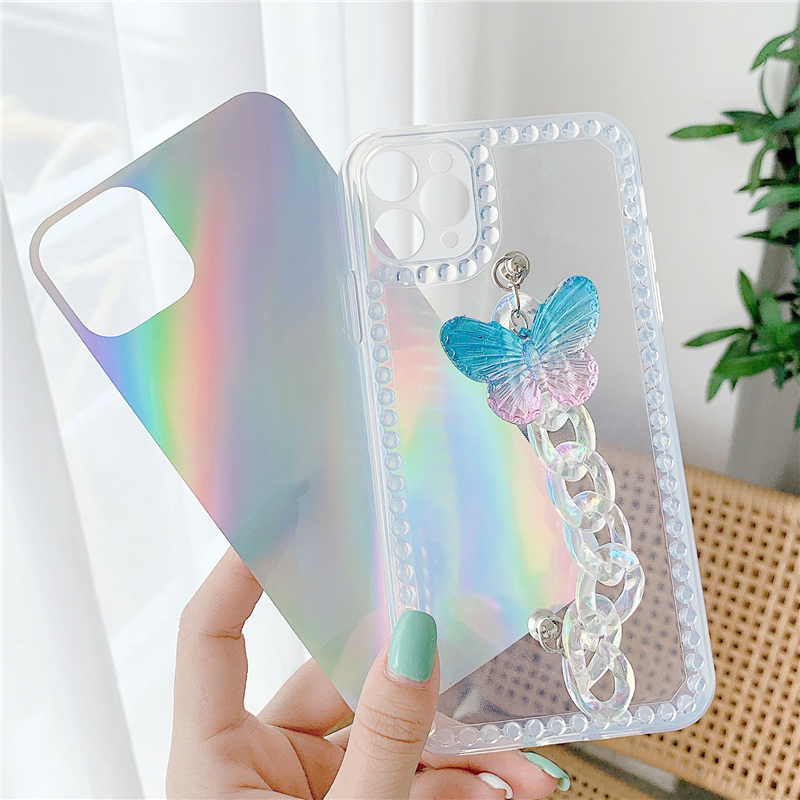 Ốp điện thoại mềm màu laser phối bươm bướm có dây đeo cho iPhone SE2 11 Pro MAX XS XR 7 8 Plus | BigBuy360 - bigbuy360.vn
